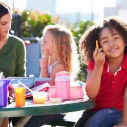 Children eating healthy snacks and lunch at school